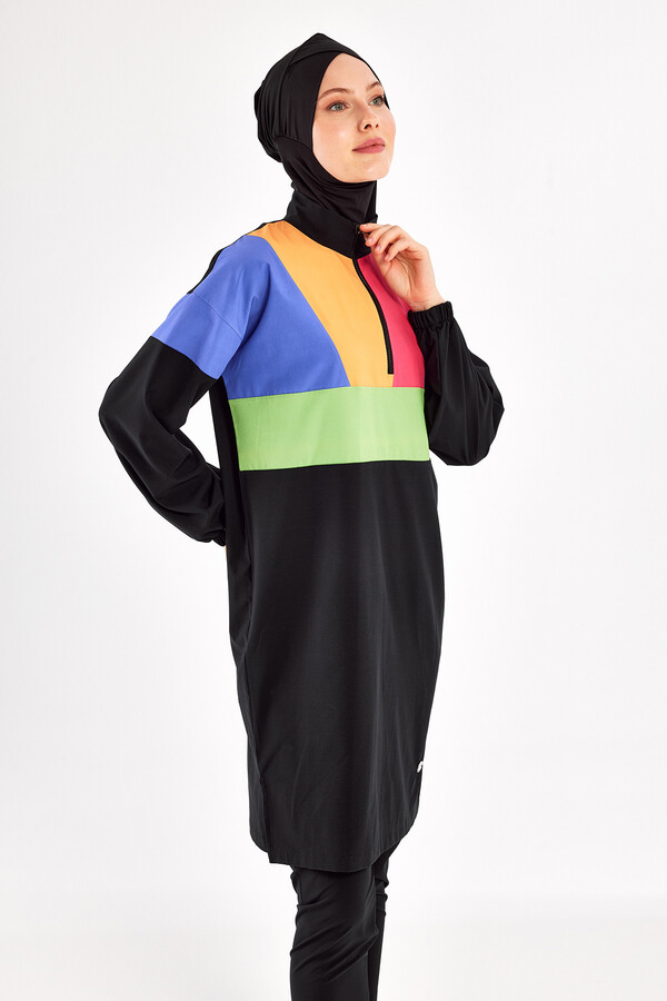 Sport Lycra Full Coverage Modest Swimsuit Set 1226 Black09 - Thumbnail