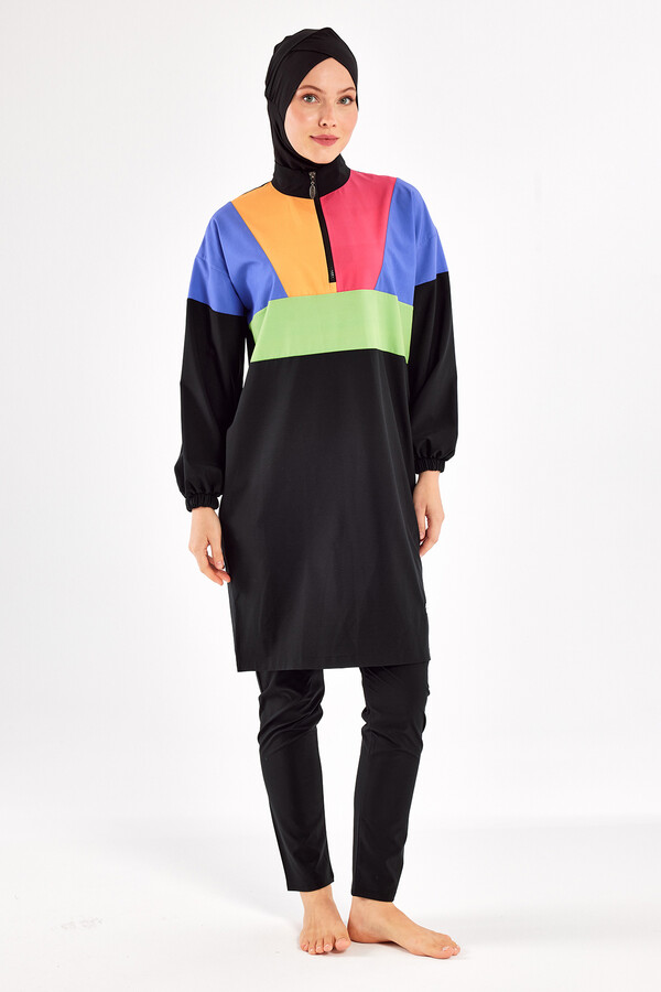 Sport Lycra Full Coverage Modest Swimsuit Set 1226 Black09 - Thumbnail