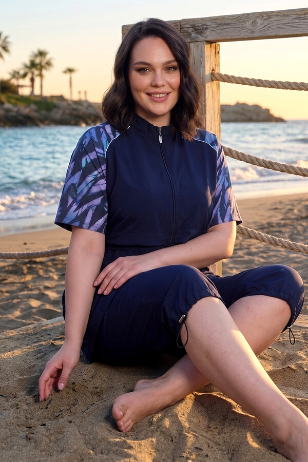 Sport Lycra Half-Covered Swimsuit Set in Navy - Thumbnail