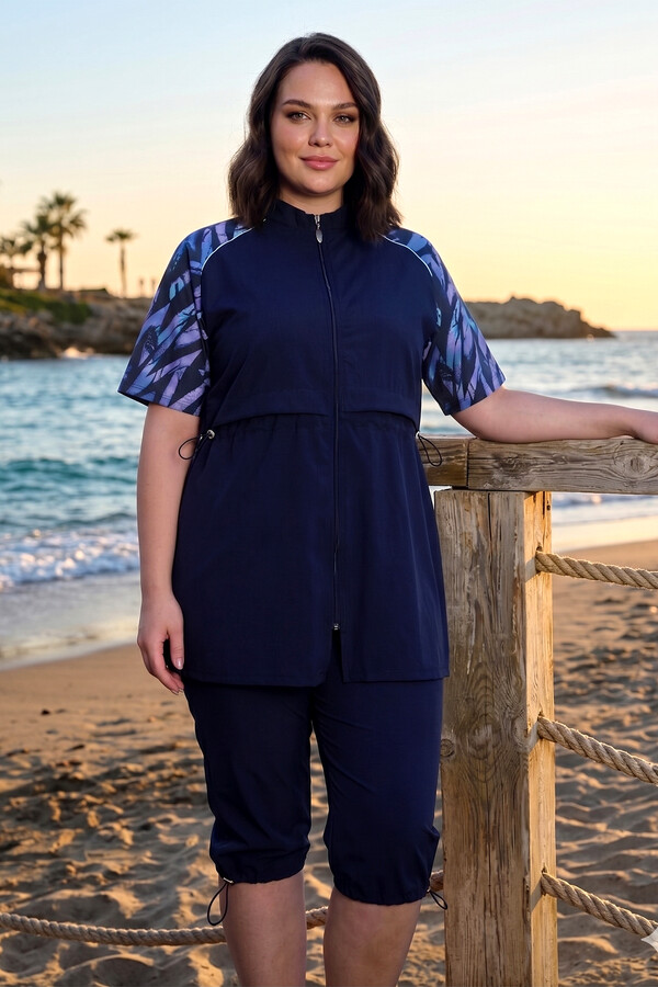 Sport Lycra Half-Covered Swimsuit Set in Navy - Thumbnail