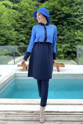 Adasea - Sports Lycra Full Coverage Modest Swimsuit Nerea 4573 Dark Navy Blue Adasea - Sports Lycra Full Coverage Modest Swimsuit Nerea 4573 Dark Navy Blue