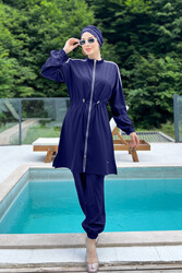 Adasea - Sports Lycra Full-Covered Modest Swimwear Maddie 4581 Dark Navy Blue