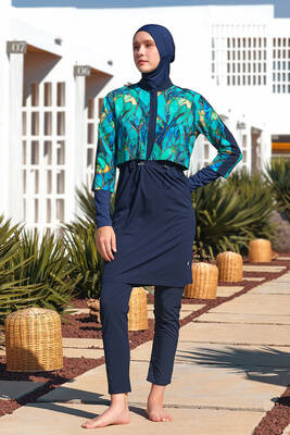 Adasea - Sporty Lycra Full Coverage Modest Swimsuit 1216 Dark Navy Adasea - Sporty Lycra Full Coverage Modest Swimsuit 1216 Dark Navy