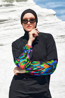 Adasea - Sporty Lycra Full Coverage Modest Swimsuit Elise 1227 Black Adasea - Sporty Lycra Full Coverage Modest Swimsuit Elise 1227 Black