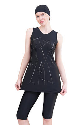 Remsa - Stone Detailed Sleeveless Modest Swimsuit Arzu 2519 Black Remsa - Stone Detailed Sleeveless Modest Swimsuit Arzu 2519 Black