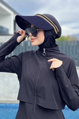 Remsa - Remsa Straw Visor Crown-Style Hat with Dual Stripe Navy