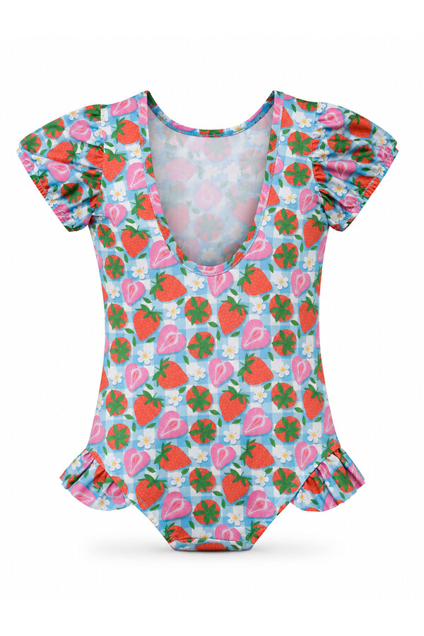Strawberry Print Short Sleeve Modest Swimsuit for Girls - Thumbnail