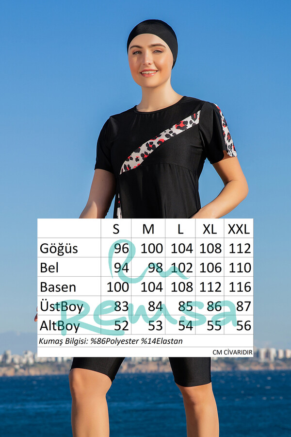 Stretch Short Sleeve Semi-Covered Swimwear Set 25222-1 Black - Thumbnail