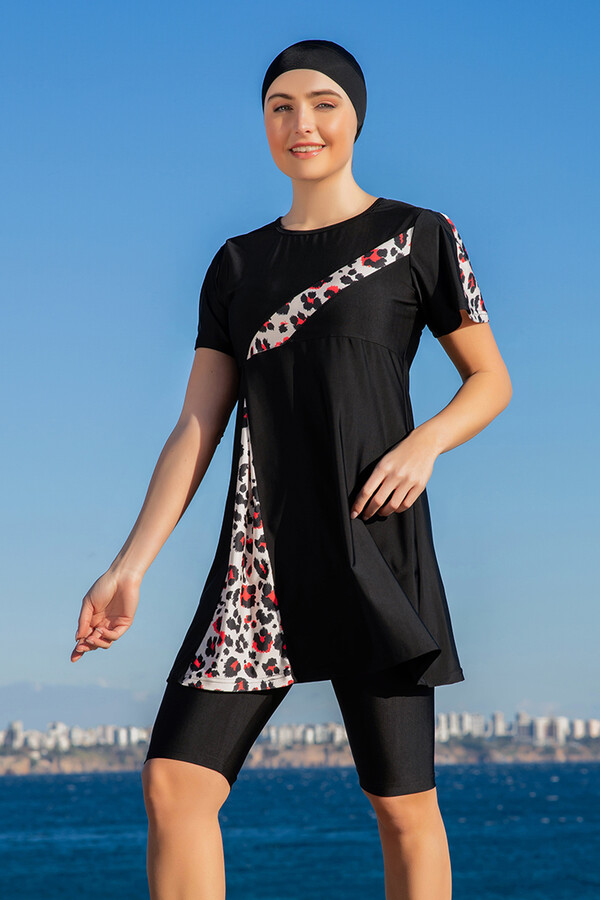 Stretch Short Sleeve Semi-Covered Swimwear Set 25222-1 Black - Thumbnail