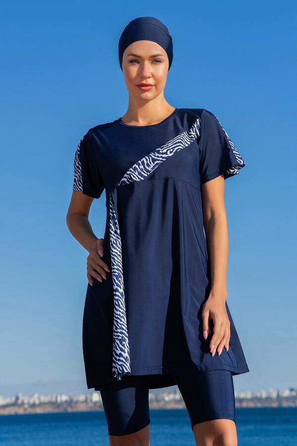 Stretch Short Sleeve Semi-Covered Swimwear Set in Navy - Thumbnail