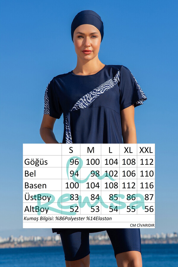 Stretch Short Sleeve Semi-Covered Swimwear Set in Navy - Thumbnail