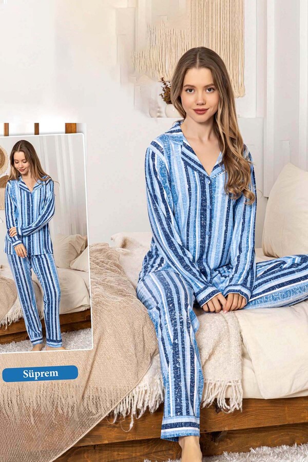 Striped Button-Front Suprem Pajama Set 0324 Blue - Thumbnail