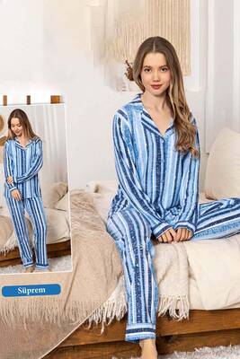 Remsa - Striped Button-Front Suprem Pajama Set 0324 Blue