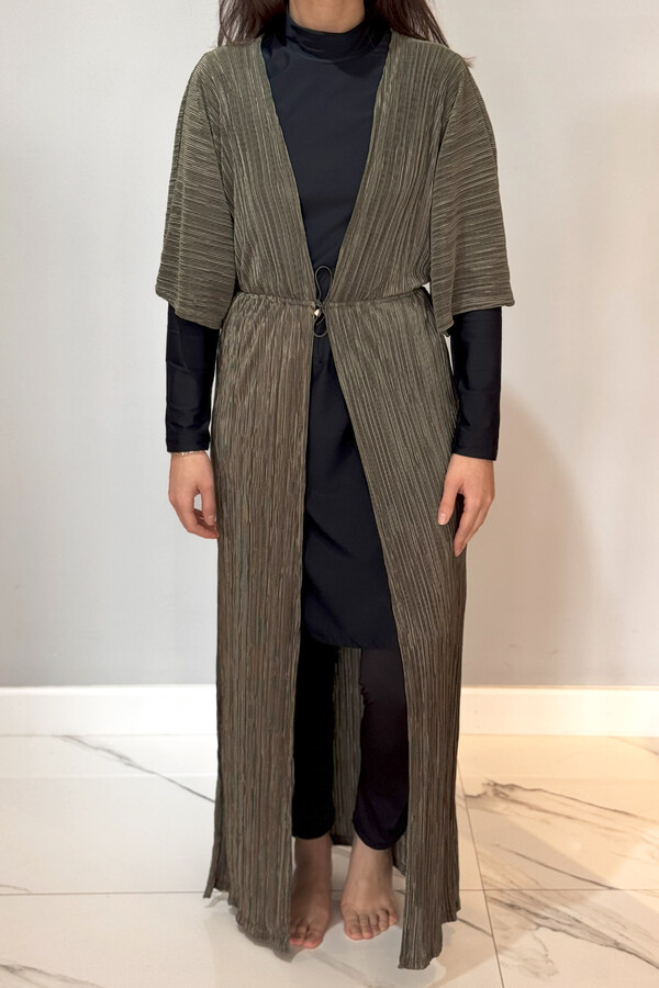 Striped Kimono Pareo Caftan with Tie Closure RPK004 Taupe - Thumbnail