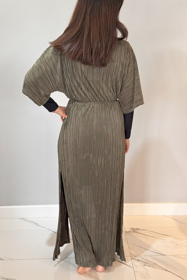 Striped Kimono Pareo Caftan with Tie Closure RPK004 Taupe - Thumbnail