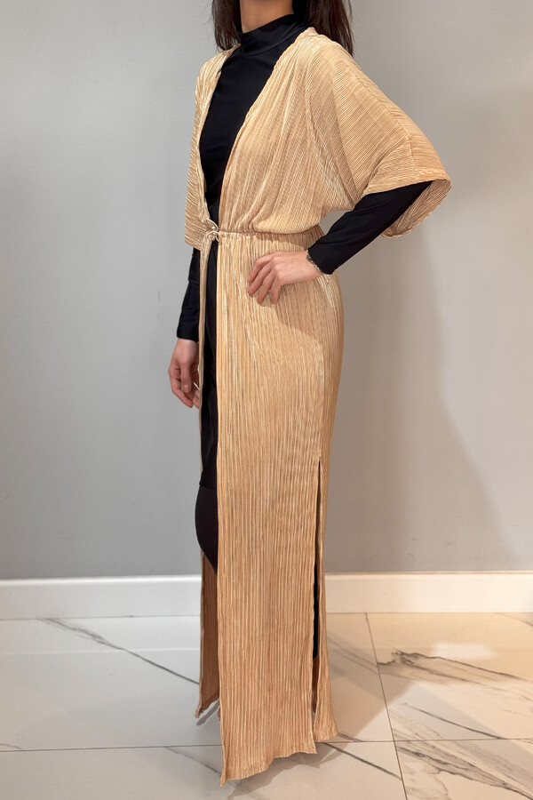 Striped Kimono Pareo Caftan with Tie Closure RPK004 Beige - Thumbnail