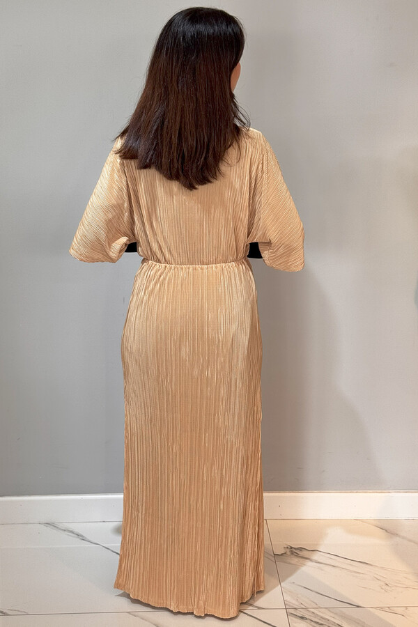 Striped Kimono Pareo Caftan with Tie Closure RPK004 Beige - Thumbnail