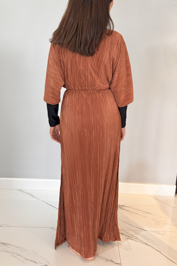 Striped Kimono Pareo Caftan with Tie Detail RPK004 Brown - Thumbnail