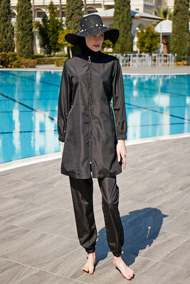 Remsa - Striped Parachute Water-Repellent Full-Cover Modest Burkini R078 Nazlı Black Remsa - Striped Parachute Water-Repellent Full-Cover Modest Burkini R078 Nazlı Black