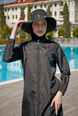 Remsa - Striped Parachute Water-Repellent Full-Cover Modest Burkini R078 Nazlı Black (1) Remsa - Striped Parachute Water-Repellent Full-Cover Modest Burkini R078 Nazlı Black (1)