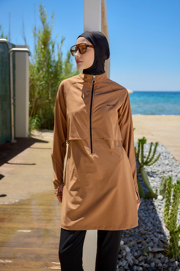 Tam Kapalı Yüzücü Tesettür Mayo R003 Nurhan Camel - Thumbnail