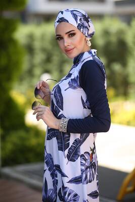 Tasarım Tam Kapalı Tesettür Mayo Remsa Mayo Mavi Yapraklar Lacivert · 3