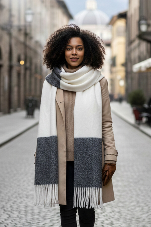 Tasseled Boucle Scarf Shawl 40X210 cm 1290 Black - Thumbnail