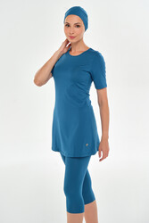 Maresiva - Teal Short Sleeve Tights Lycra Half-Covered Swimsuit Set 0572 Petrol01