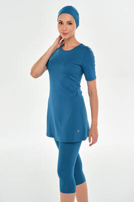 Maresiva - Teal Short Sleeve Tights Lycra Half-Covered Swimsuit Set 0572 Petrol01