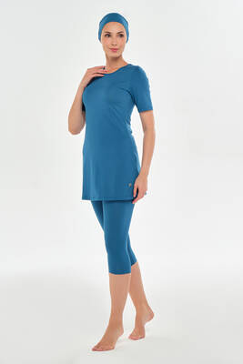 Maresiva - Teal Short Sleeve Tights Lycra Half-Covered Swimsuit Set 0572 Petrol01 (1)