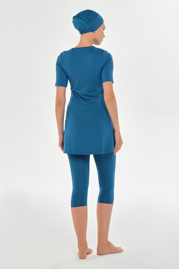 Teal Short Sleeve Tights Lycra Half-Covered Swimsuit Set 0572 Petrol01 - Thumbnail