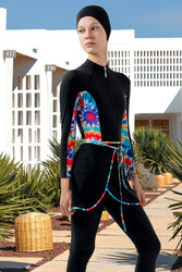 Adasea - Teen 3-in-1 Modest Swimsuit Set in Black with Pattern Details