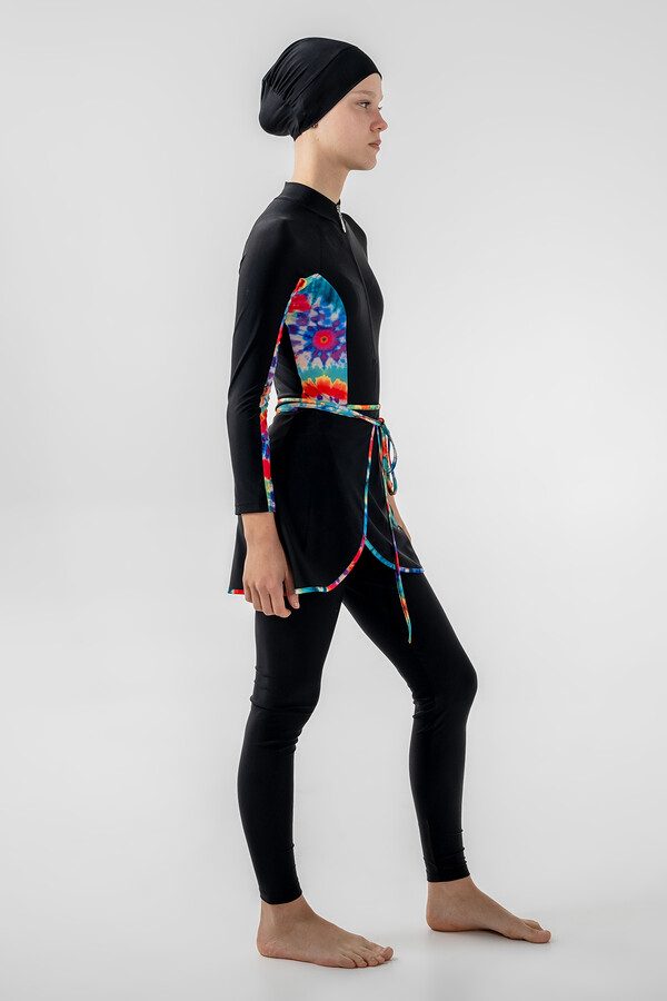 Teen 3-in-1 Modest Swimsuit Set in Black with Pattern Details - Thumbnail