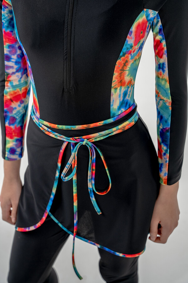 Teen 3-in-1 Modest Swimsuit Set in Black with Pattern Details - Thumbnail