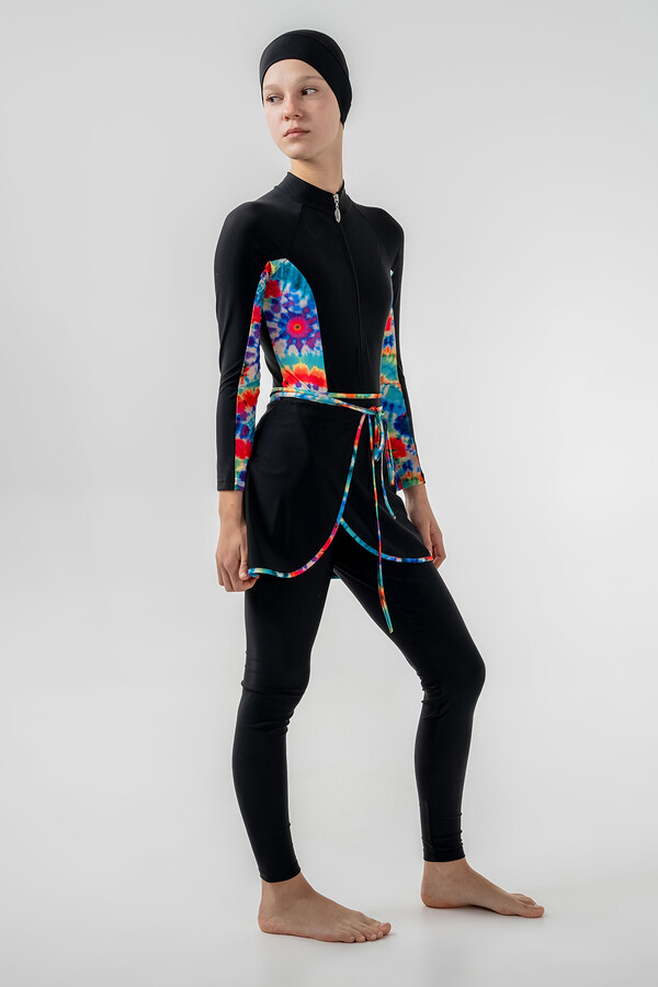 Teen 3-in-1 Modest Swimsuit Set in Black with Pattern Details - Thumbnail