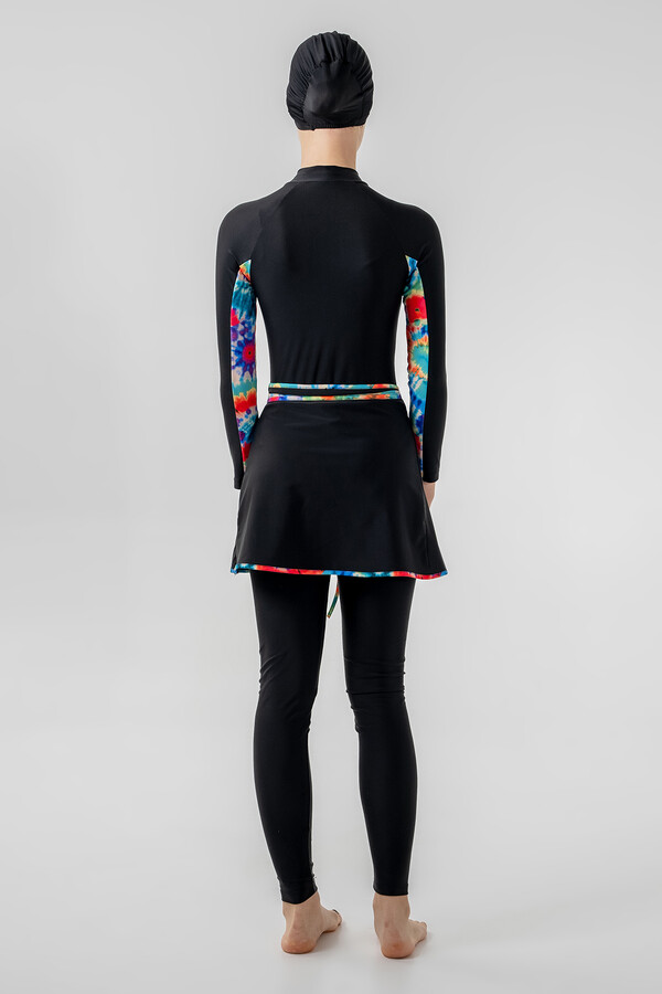 Teen 3-in-1 Modest Swimsuit Set in Black with Pattern Details - Thumbnail