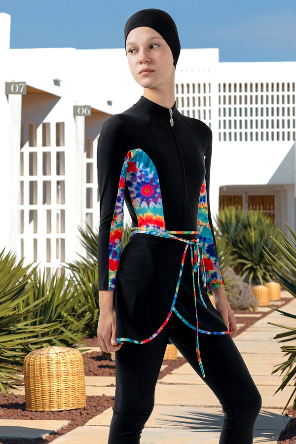 Teen 3-in-1 Modest Swimsuit Set in Black with Pattern Details - Thumbnail