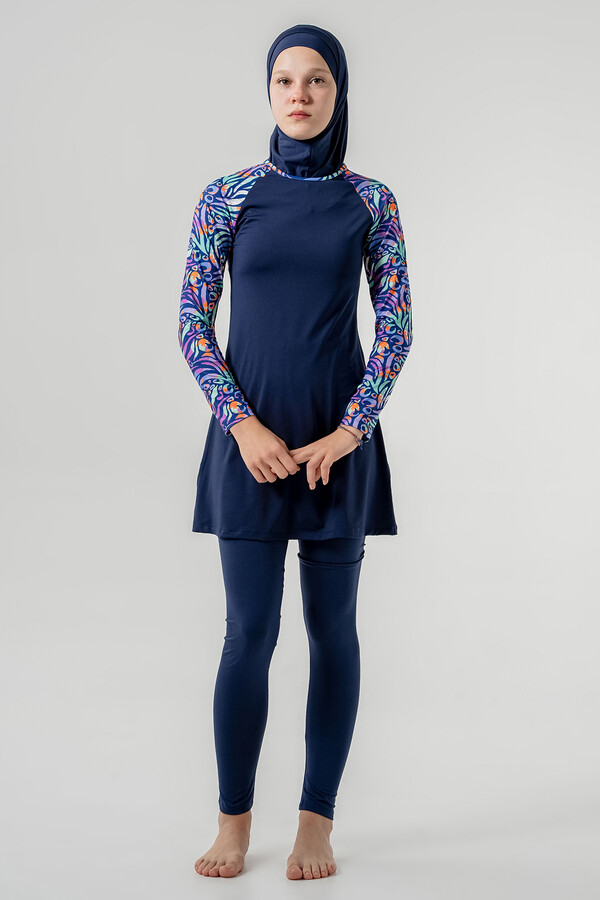 Teen Lycra Full Cover Modest Swimsuit Set 2901 in Navy Blue - Thumbnail
