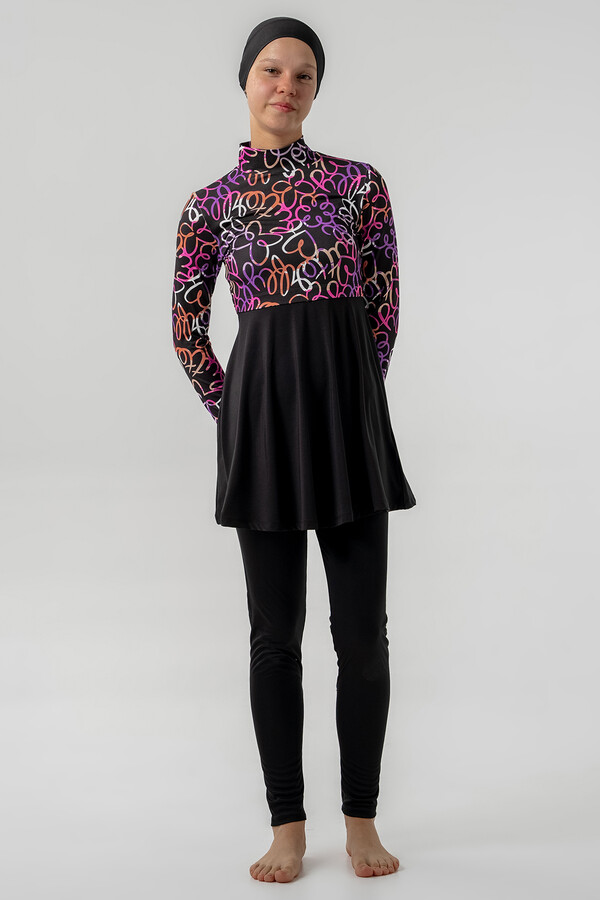 Teen Lycra Full Cover Modest Swimsuit Set 2902 Black - Thumbnail