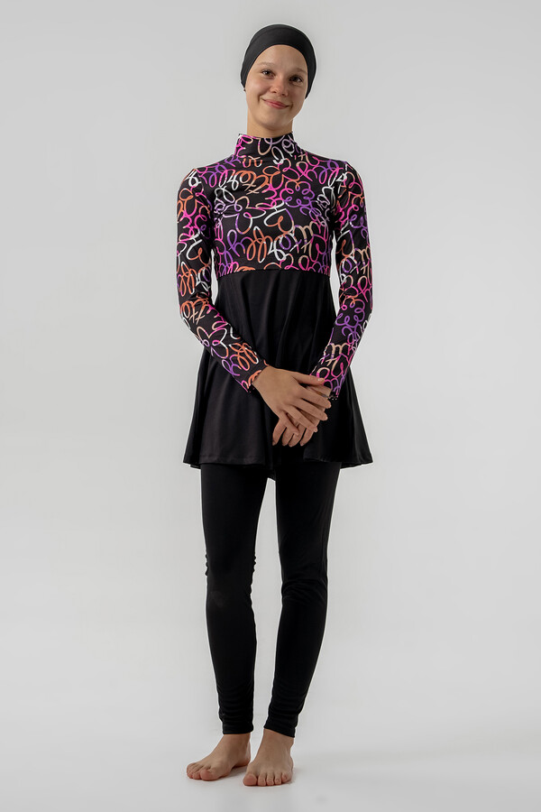 Teen Lycra Full Cover Modest Swimsuit Set 2902 Black - Thumbnail