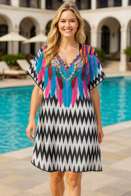 Remsa Mayo - Tesettür Mayo Üzerine Diz Boy Desenli Kaftan Pareo Zikzak İnci (1)