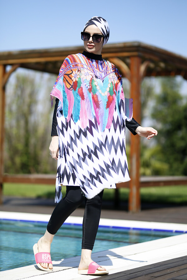  Tesettür Mayo Üzerine Diz Boy Desenli Kaftan Pareo Zikzak İnci - Thumbnail