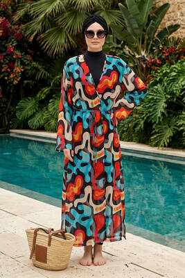 Haliç Mayo - Tesettür Mayo Üzerine Tek Kaftan Pareo 6303 Siyah