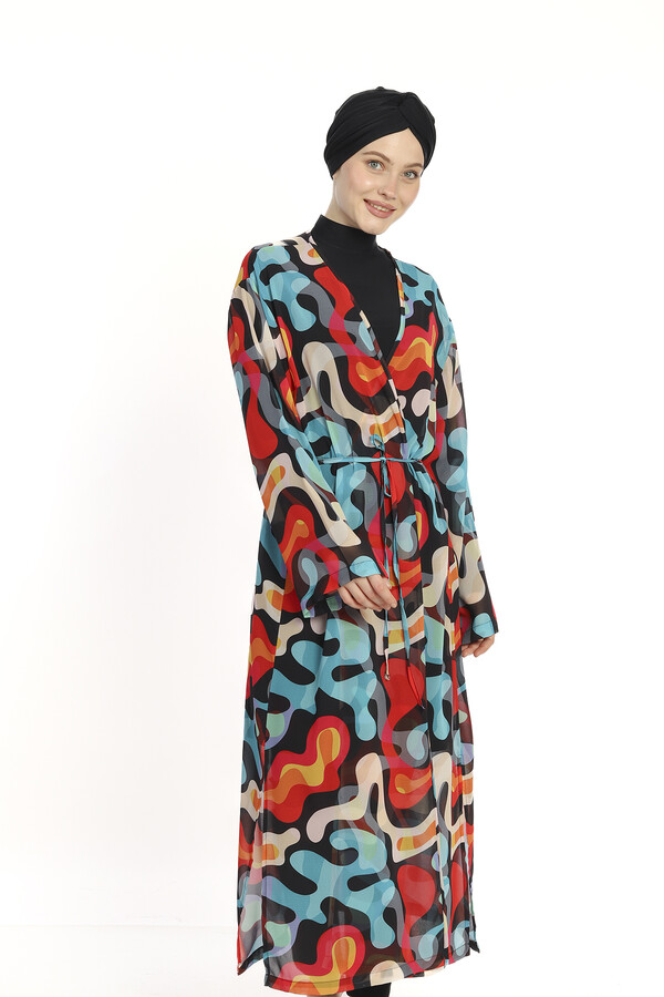 Tesettür Mayo Üzerine Tek Kaftan Pareo 6303 Siyah - Thumbnail