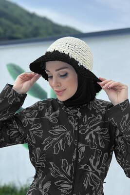Remsa - The Hand-Knitted Straw Hat RŞ-102 Beige Black Remsa - The Hand-Knitted Straw Hat RŞ-102 Beige Black