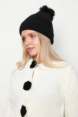 Remsa - Thick Pom-Pom Women's Beanie with Wool Lining RKŞ-17 - Black (1)