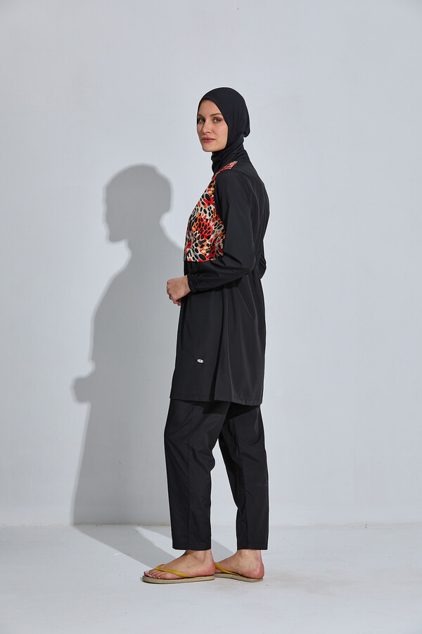 Three-Piece Modest Swimwear Set with Floral Print - Thumbnail