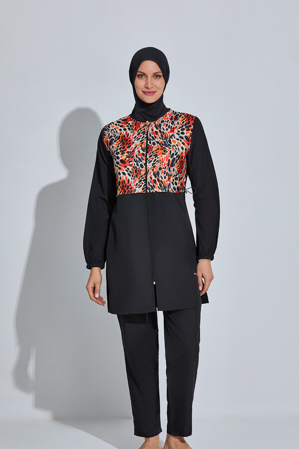 Three-Piece Modest Swimwear Set with Floral Print - Thumbnail