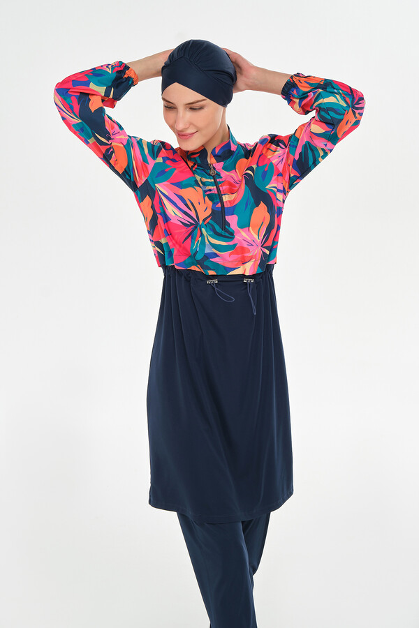 Three-Piece Modest Swimwear Set with Floral Print - Thumbnail