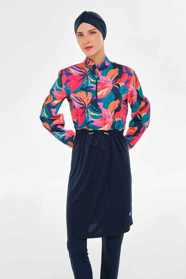 Three-Piece Modest Swimwear Set with Floral Print - Thumbnail